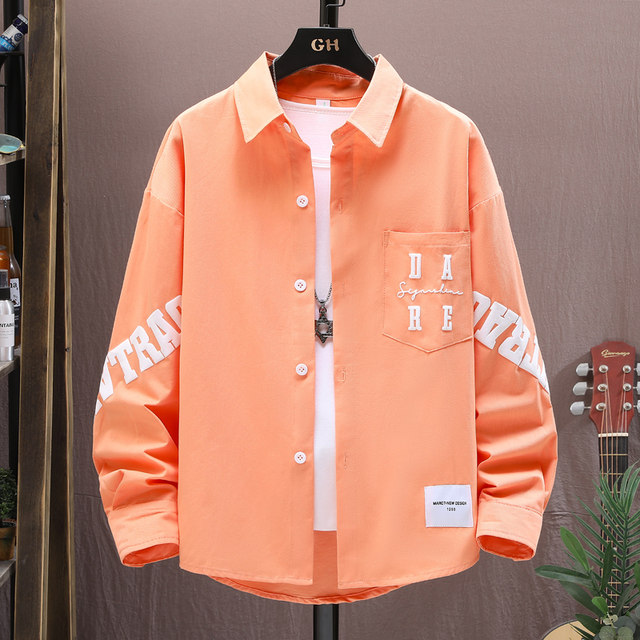 Pure Cotton Long-Sleeved Shirt for Men, Autumn Loose-Fitting Shirt for Teenagers, Middle and High School Students, Casual Shirt, Versatile Jacket