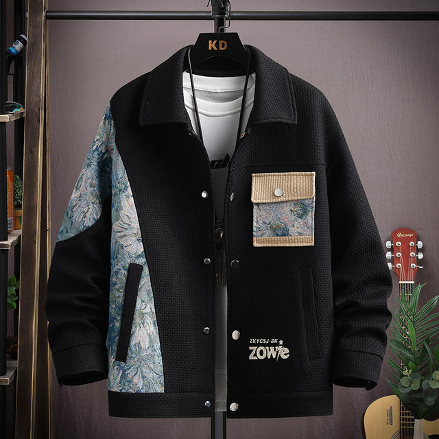 Waffle jacket men's autumn ethnic style splicing loose casual lapel jacket fashionable handsome versatile clothing