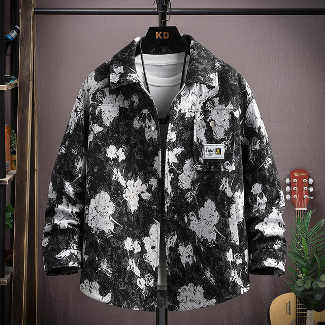 Autumn men's jacket loose and handsome ethnic style print 2025 new trendy brand versatile casual lapel top jacket