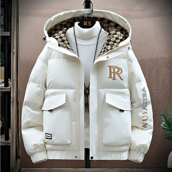 Winter Cotton-Padded Jacket for Men, Hooded, Thickened, Loose-Fitting, Trendy Youth down Cotton Coat, Trendy Brand Workwear Cotton-Padded Jacket, Warm Outerwear