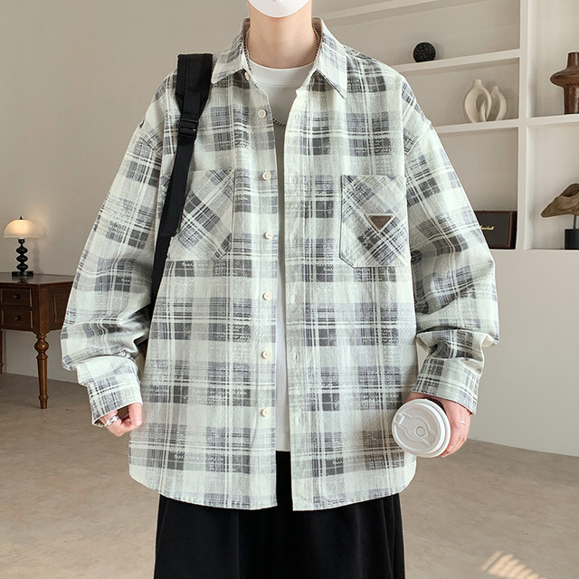 High-End Spring and Autumn Plaid Jacket for Men, Teenagers, High School Students, Trendy Casual Long-Sleeve Shirt