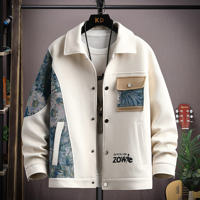 Waffle jacket men's autumn ethnic style splicing loose casual lapel jacket fashionable handsome versatile clothing