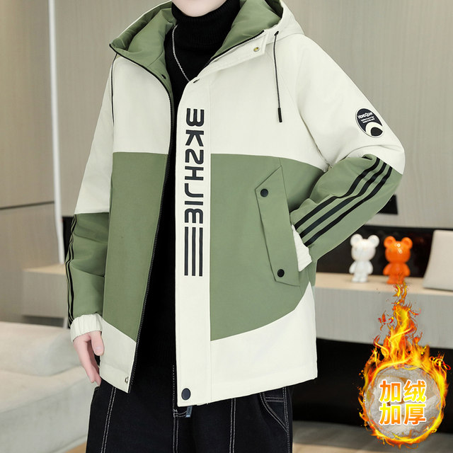 Hong Kong style hooded velvet jacket men's autumn and winter trendy brand thickened warm jacket teenagers color matching work clothes tops