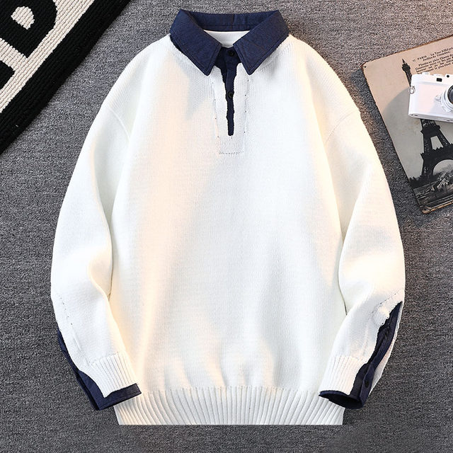 Fake Two-Piece Sweater for Men, New Winter Style, Turn-Down Collar Knit Base Shirt, Trendy Brand, Youth Warm Casual Knitwear