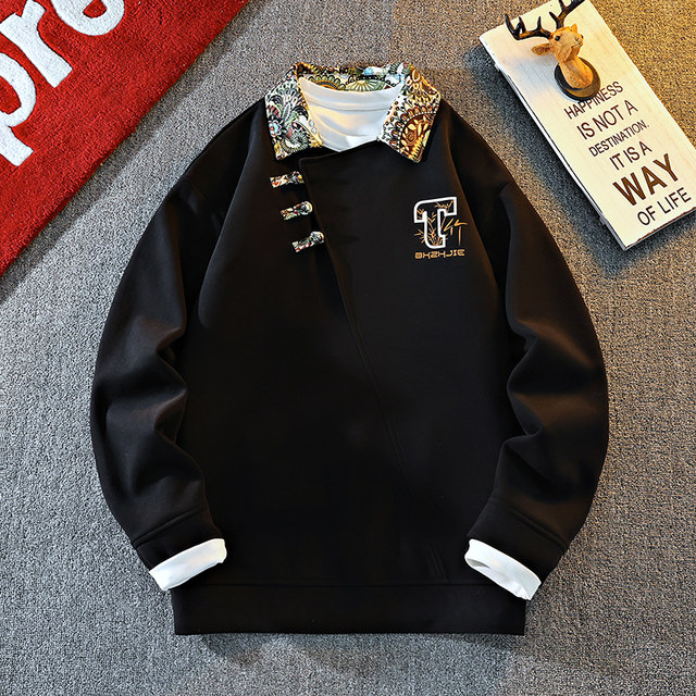 New Chinese Style Sweatshirt for Men, Spring and Autumn Design, Lapel Jacket, Top Clothing for Teenagers, National Trend Button-Up Pullover