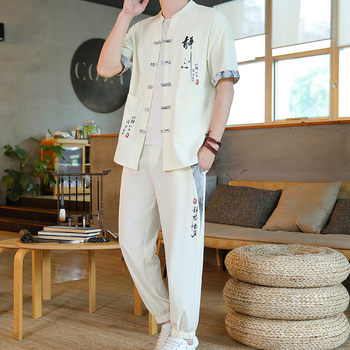 Chinese Style Suit for Men, Summer Thin Ice Silk Short-Sleeved Top with Nine-Point Pants, Paired with a Set of Casual Hanfu Chinese Tang Suit