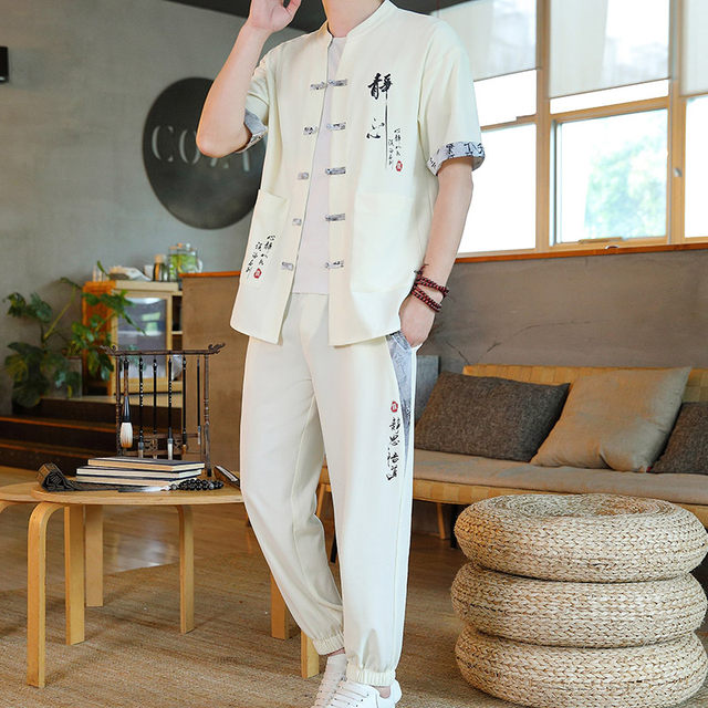 Chinese style suit men's summer thin ice silk short-sleeved nine-point pants paired with a set of Hanfu casual Chinese Tang suit