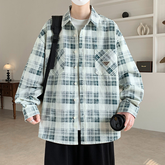 High-End Spring and Autumn Plaid Jacket for Men, Teenagers, High School Students, Trendy Casual Long-Sleeve Shirt