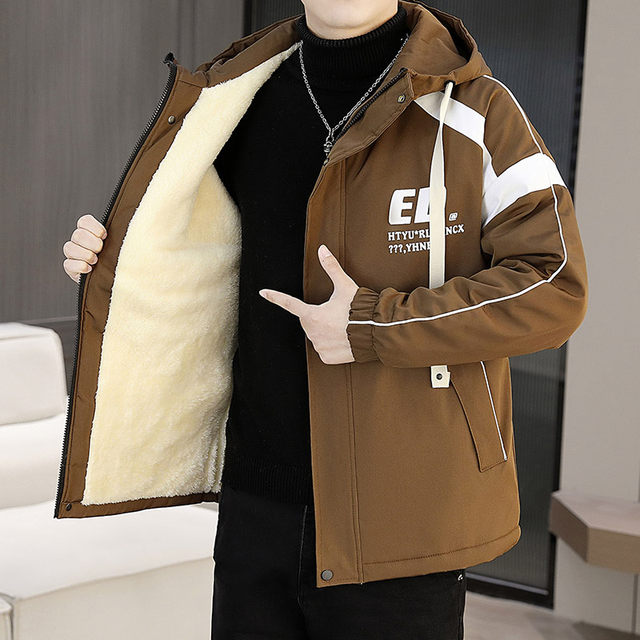 New autumn and winter velvet thickened hooded work jacket men's casual jacket youth winter cotton jacket