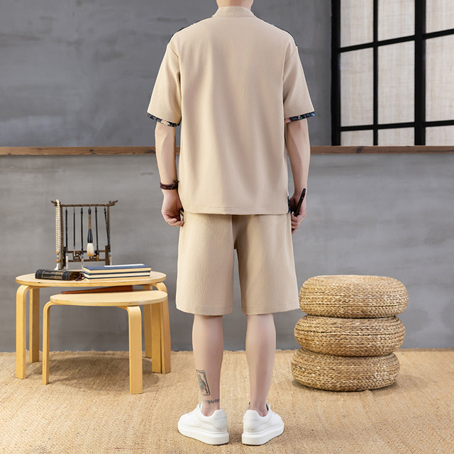 Chinese Style Casual Sports Suit for Men, Summer Thin Short-Sleeved Cardigan Shirt, Youth Loose Fit, National Trend Button-Up Clothing