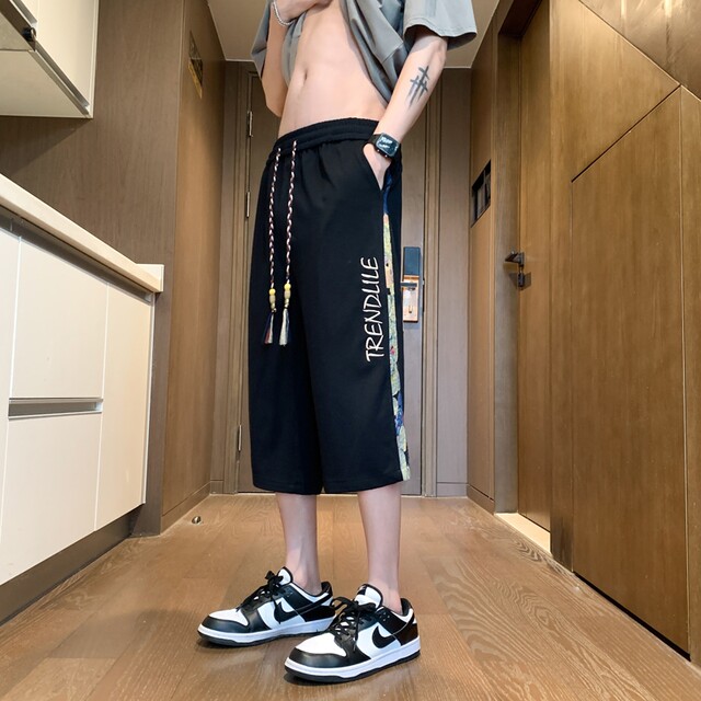 Chinese Style Men's Summer Ice Silk Loose Straight Casual Pants, National Trend Embroidered Fashion Sports Cropped Pants