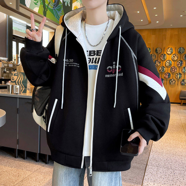 Autumn and Winter Fleece-Lined Thickened Sweatshirt Cardigan for Boys, Junior High School Students, Hooded Jacket, Youth Warm Top
