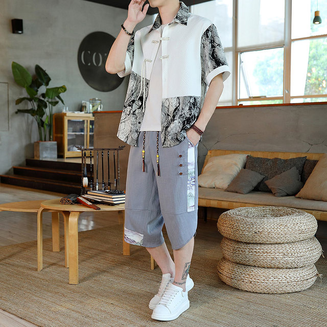 New Chinese-Style Ice Silk Suit for Men, Summer Thin Version, Color-Blocking Short-Sleeve and Shorts, Chinese Style Outfit, Complete Set, Handsome