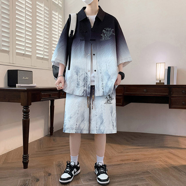 New Chinese style Chinese style casual shirt suit men's summer fashion trendy brand short-sleeved shorts national trend handsome men's clothing