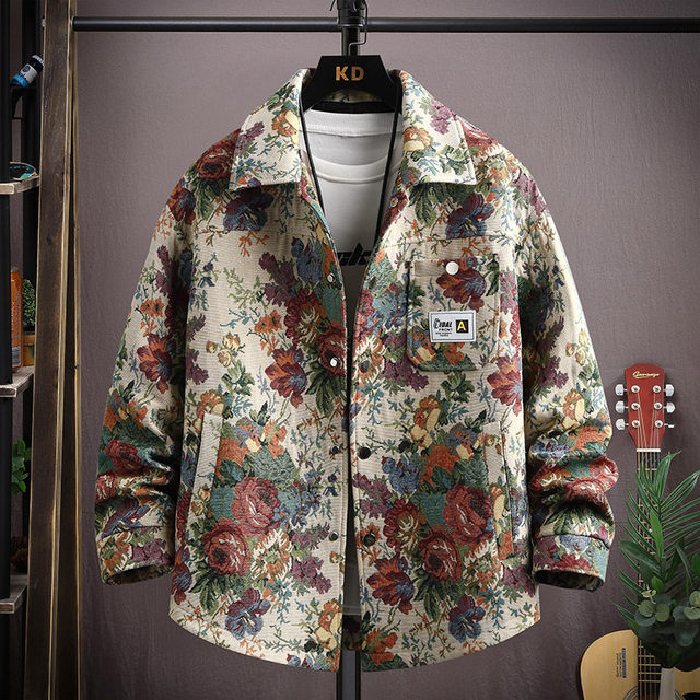 Autumn men's jacket loose and handsome ethnic style print 2025 new trendy brand versatile casual lapel top jacket