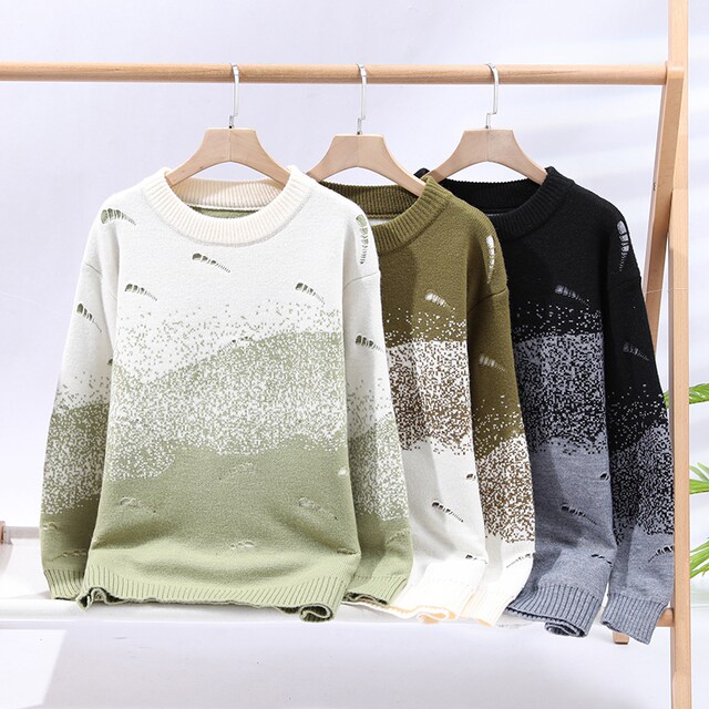 Trendy Ripped Sweater for Men, Winter Gradient Color Knit Top, Base Layer for Teenagers, Crew Neck, Trendy Brand Knitwear