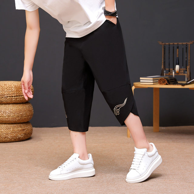 New Chinese Style Men's Summer Ice Silk Cotton Thin Loose Embroidered Trendy Mid-Length Pants Casual Sports Shorts