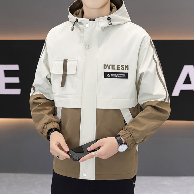 2026 New Spring and Autumn Casual Jacket for Men, Korean Style Trendy Color-Blocking Loose Hooded Workwear Windbreaker for Young People
