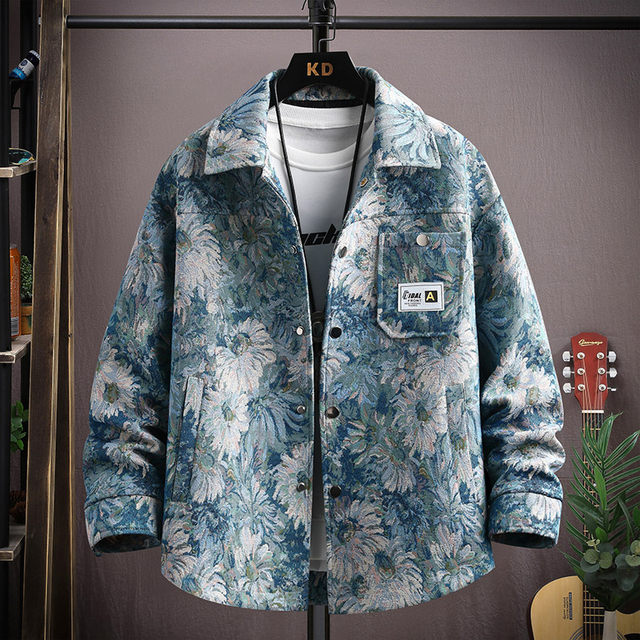 Autumn men's jacket loose and handsome ethnic style print 2025 new trendy brand versatile casual lapel top jacket