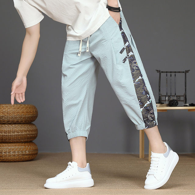 Men's Ice Silk Shorts, Thin Style, Chinese Style Trendy Three-Quarter Pants, Men's Summer Trendy Brand Casual New Chinese Style Cool Three-Quarter Pants