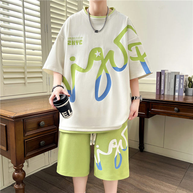 Short-Sleeved Shorts Suit for Men, Summer Ice Silk Cool-Feeling T-Shirt, Youth Casual Loose Sports Two-Piece Suit t