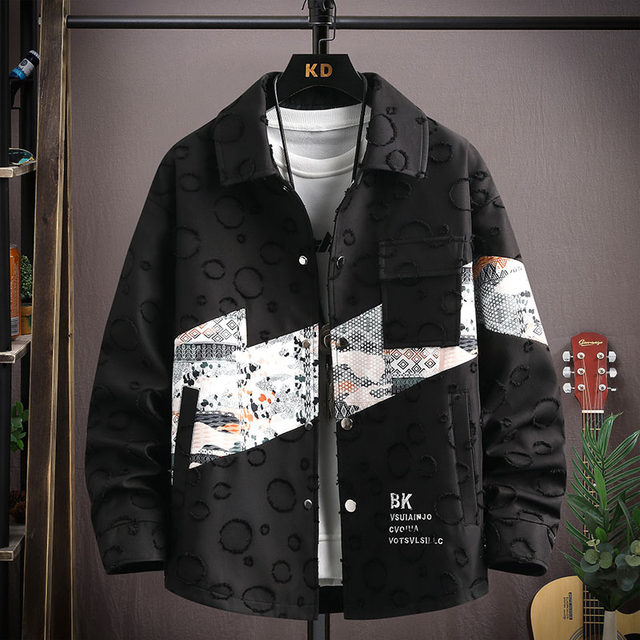 Waffle jacket men's spring and autumn new trendy brand print contrasting color stitching casual workwear jacket teen men's outerwear