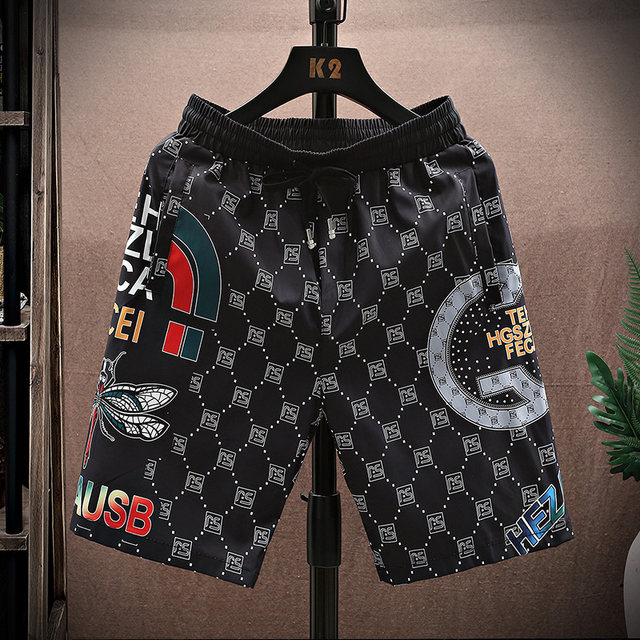 Summer Ice Silk Shorts, Loose Printed Casual Straight-Leg Mid-Length Pants, Beach Pants, Men's Trendy Brand, Stylish and Handsome Five-Point Shorts