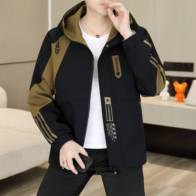 American-Style Hooded Jacket for Men, Spring and Autumn 2025 New Model, Youth Windbreaker, Patchwork Workwear Jacket, Loose Fit Top