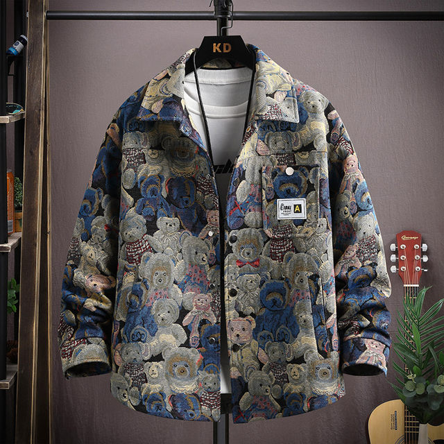 Autumn men's jacket loose and handsome ethnic style print 2025 new trendy brand versatile casual lapel top jacket