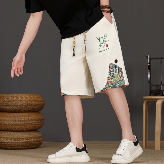 New Chinese Style Men's Summer Ice Silk Cool Five-Point Casual Shorts, Trendy Patchwork Straight-Leg Sports Pants