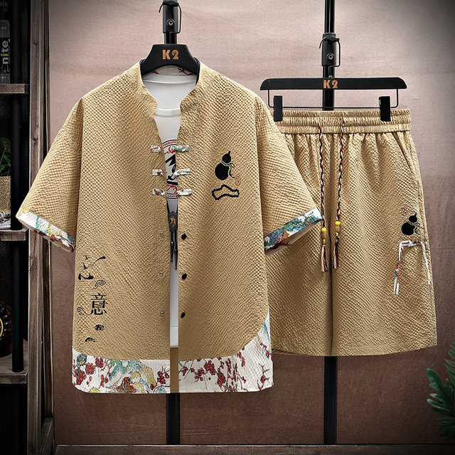 New Chinese style national style suit men's summer quarter-sleeved shirt short-sleeved shorts trendy handsome casual shirt two-piece set