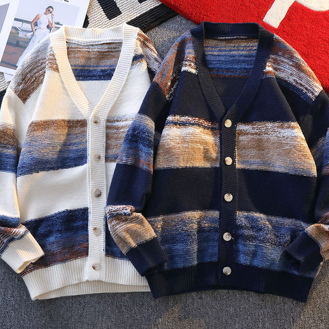 High-end V-neck cardigan for men spring and autumn 2026 new sweater striped fashion brand trendy loose sweater jacket