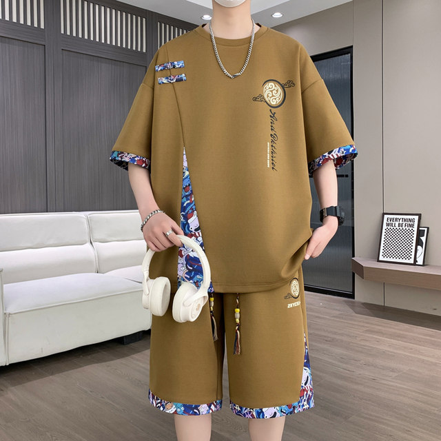 Two-piece set of men's national style thin short-sleeved shorts paired with youth summer ice silk T-shirt casual sports suit