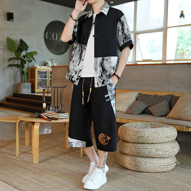 New Chinese Style Shirt Set for Men, Summer Loose Fit, Large Size, Cool and Versatile, Niche Design, Short-Sleeved Shirt, Trendy