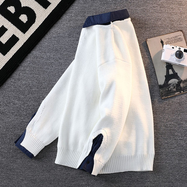 Fake Two-Piece Sweater for Men, New Winter Style, Turn-Down Collar Knit Base Shirt, Trendy Brand, Youth Warm Casual Knitwear