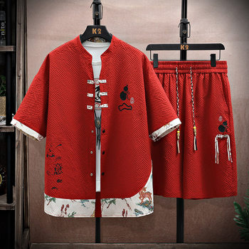 New Chinese Style Men's Summer Five-Quarter Sleeve Shirt and Shorts Set, Trendy and Cool Casual Shirt Two-Piece Set