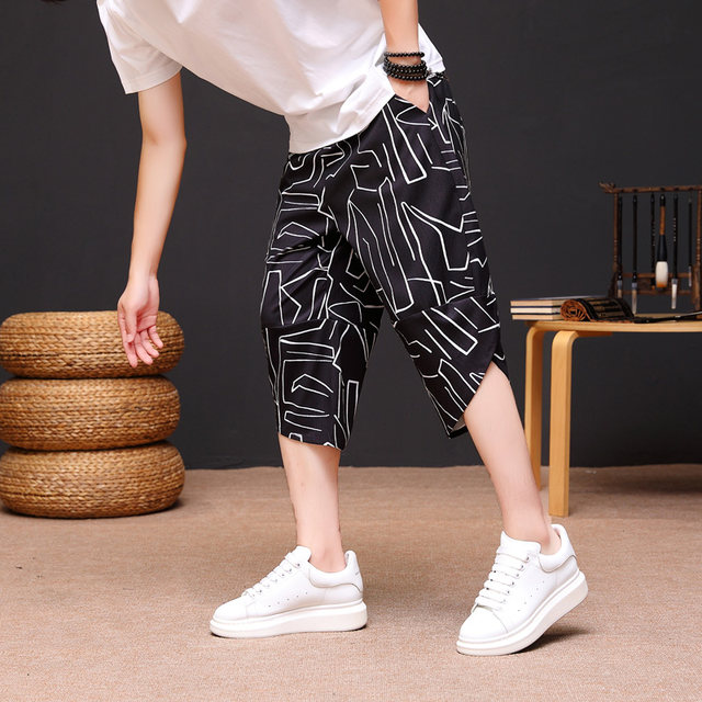 New Chinese Style Men's Summer Ice Silk Cotton Thin Loose Embroidered Trendy Mid-Length Pants Casual Sports Shorts