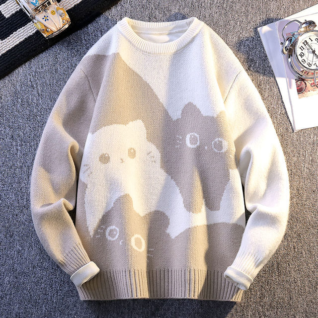 College Style Round Neck Sweater for Men in Autumn and Winter, Contrasting Color Cat Knit Sweater, Loose and Lazy Style, Handsome and Warm Top