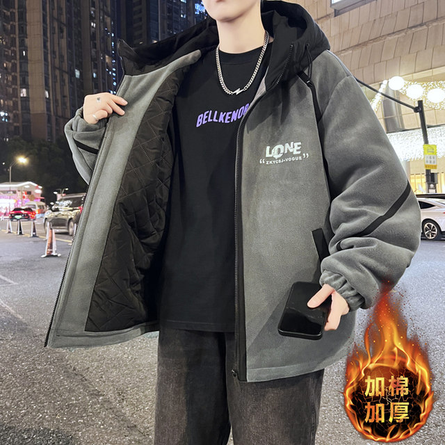 Teenagers' Fleece-Lined Cotton Jacket for Men, Winter Trendy Brand Loose Hooded Cotton Coat, Student Winter Clothing Top