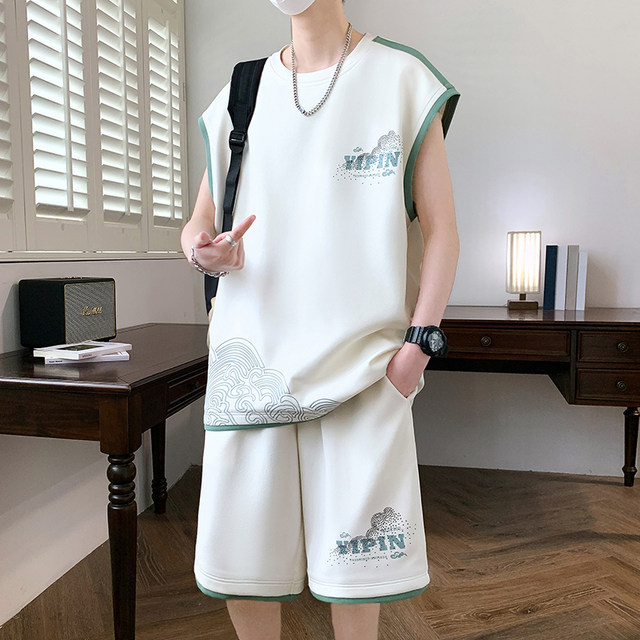 Teenage Summer Suit Men's Vest Trendy Brand Men's Clothing Two-Piece Set Casual Sports Shorts Sleeveless Trendy T-Shirt Men