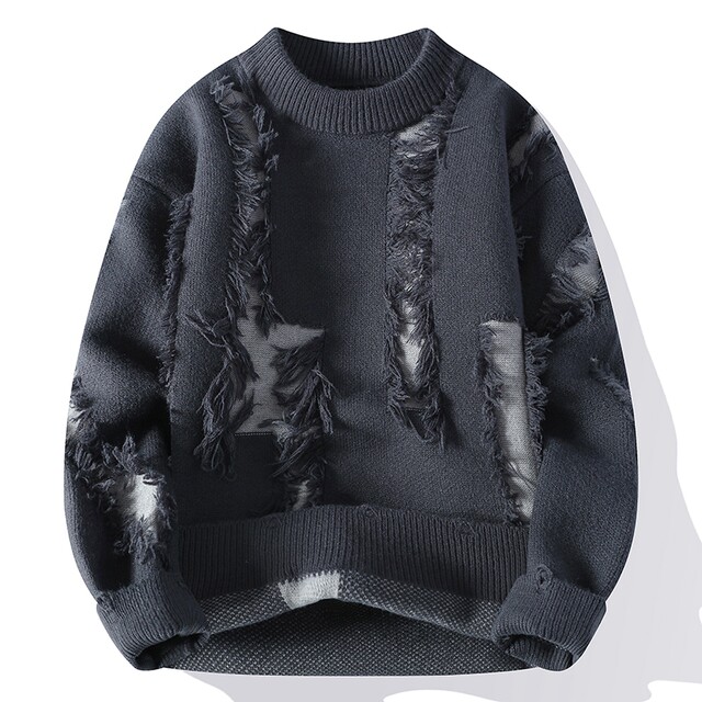Trendy Ripped Sweater for Men, Winter Crew Neck Base Shirt, Men's Knitwear, Teenage Student Sweater, Knitted Clothing