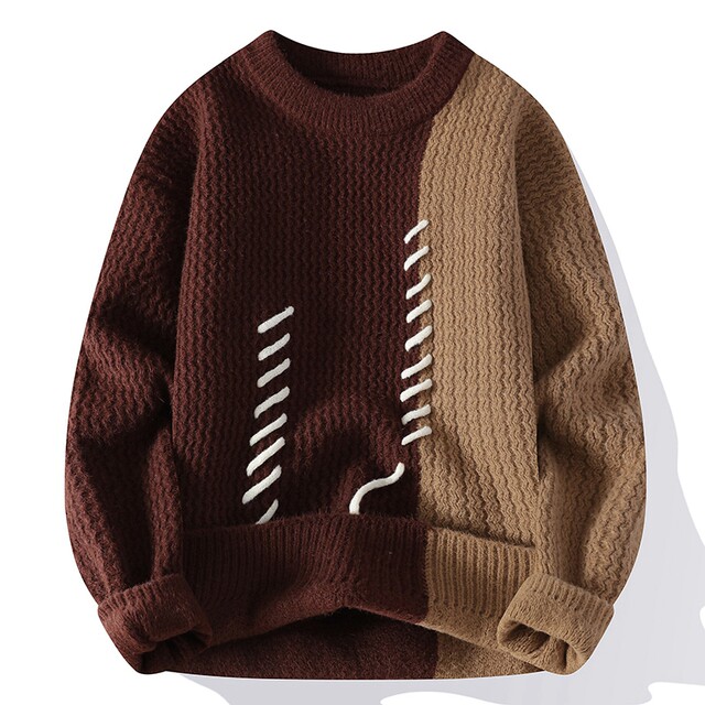 Color-Blocked Crew Neck Sweater for Men, Autumn and Winter 2024 New Style, Loose Trendy Brand Base Knitwear, Thickened and Warm Top