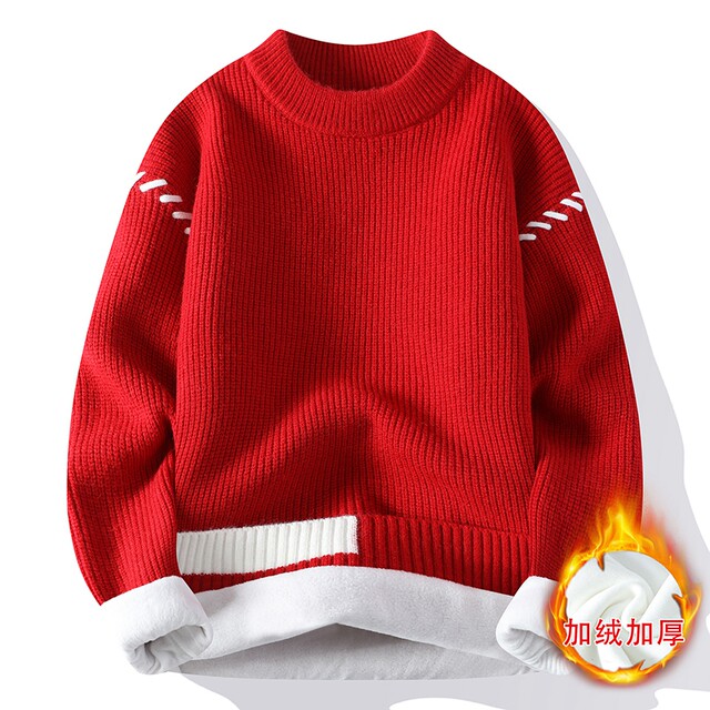 Personalized Patchwork Sweater for Men, Winter Fleece-Lined and Thickened Knit Base Shirt, Cool and Stylish Warm Sweater for Teenagers