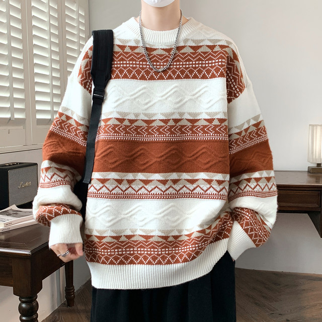 Striped Sweater for Men, Autumn and Winter 2025 New Style, Loose Round Neck Knitwear, Thickened Warm Clothing for Teenagers
