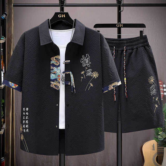 Chinese style short-sleeved shirt men's summer ice silk national trend shirt shorts suit teenagers handsome matching set