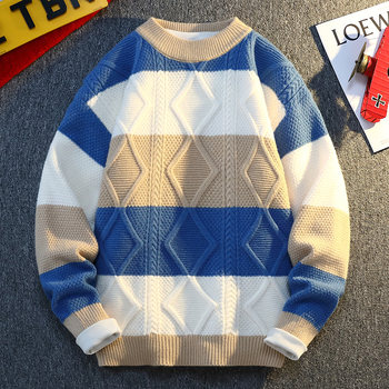 Color-Blocked Crew Neck Sweater for Men, Autumn and Winter, Loose Fit, Trendy Brand, Warm Knitwear, Youth Japanese Style Casual Base Shirt