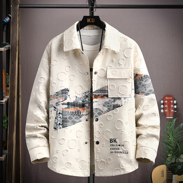 Waffle jacket men's spring and autumn new trendy brand print contrasting color stitching casual workwear jacket teen men's outerwear