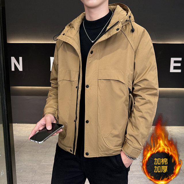 Winter 2026 New Men's Workwear Hooded Cotton Jacket, Trendy and Stylish, Thickened Cotton Coat, Double-Layered Cotton Youth Warm Cotton Jacket