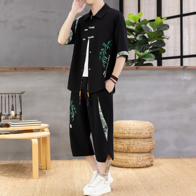 Summer New Style Chinese Casual Short-Sleeved Shirt Suit for Men, Loose Thin Cropped Pants, Chinese Style Handsome Two-Piece Set
