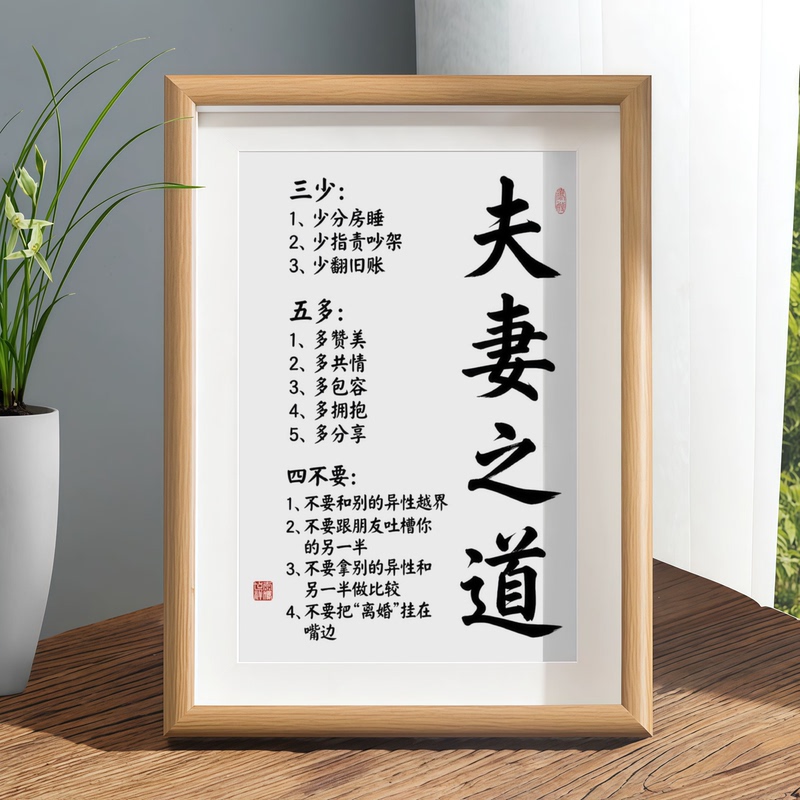 The Way of Husband and Wife, Harmony in the Family, Calligraphy Picture Frame, Tabletop Decoration, Calligraphy and Painting Ornaments, Living Room and Bedroom Hanging Paintings